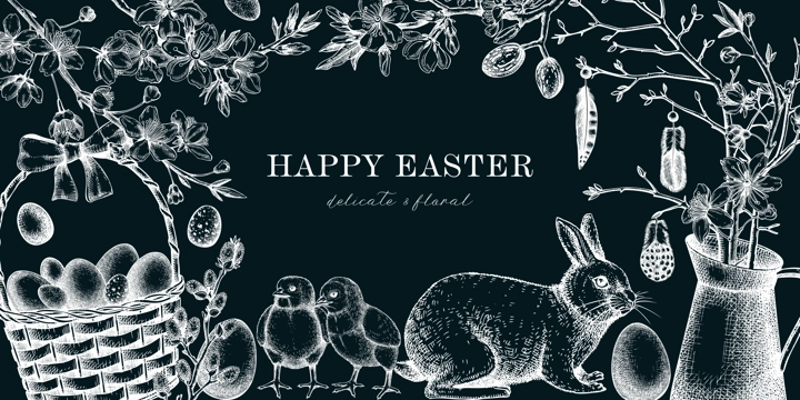 Easter frame design with cute characters and spring decor elements. Hand drawn bunnies, eggs, chickens, flowers and flowering trees background. Vector template with Holiday sketches on chalkboard